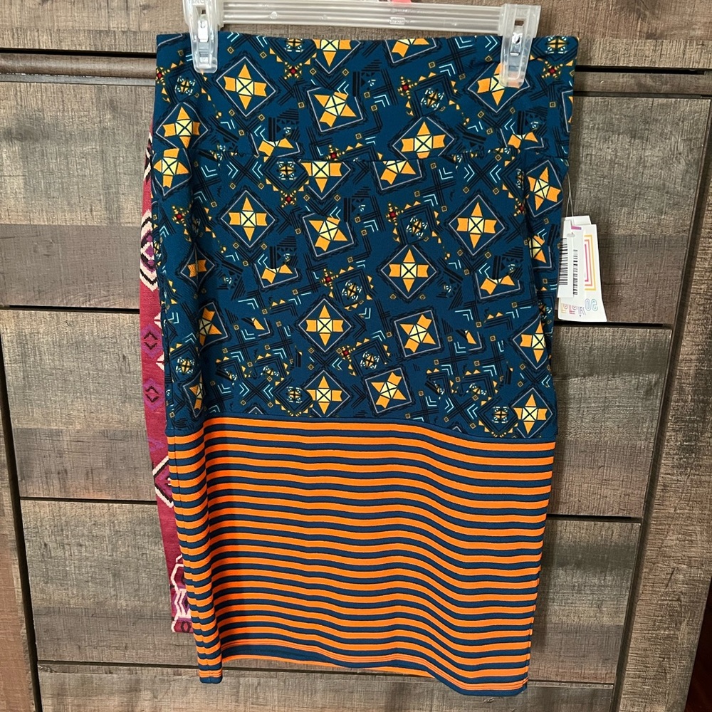 Lularoe Cassie skirt size medium NWT quilt pattern pencil skirt, blue orange